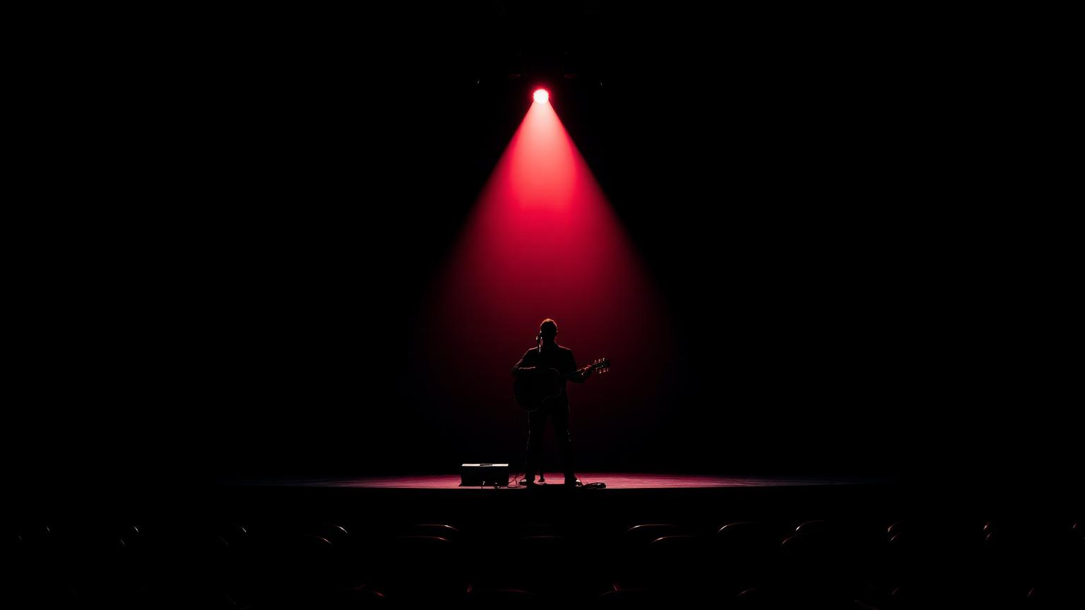Musician standing alone under a coral spotlight on a dark stage